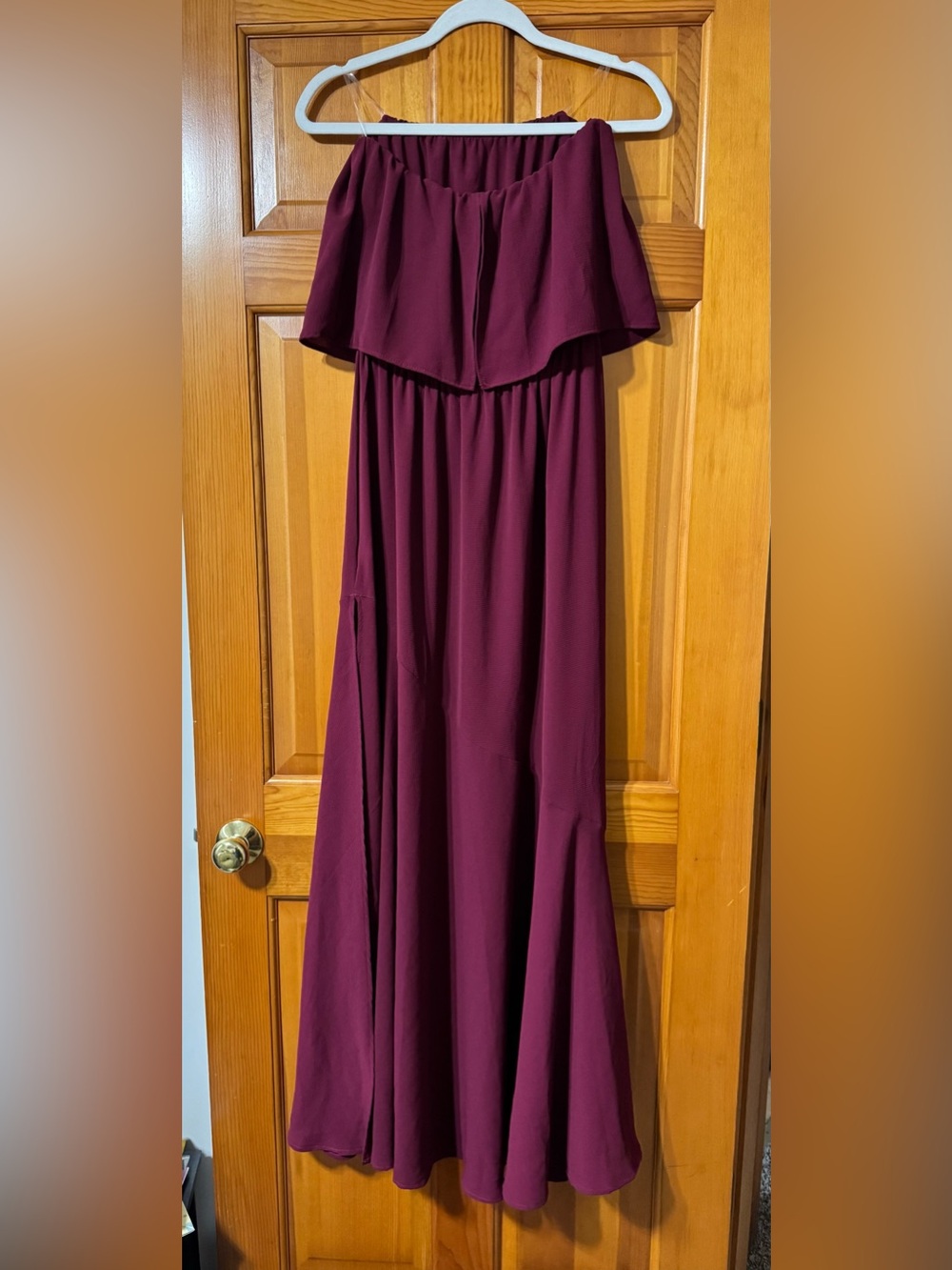 Elegant Burgundy Maxi Dress - Strapless Ruffle Overlay by Vici